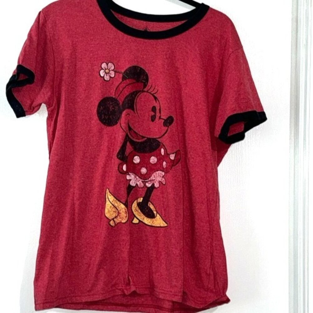Disney Minnie Mouse Red Ringer Tee With Black Trim Womens XL Cotton Blend